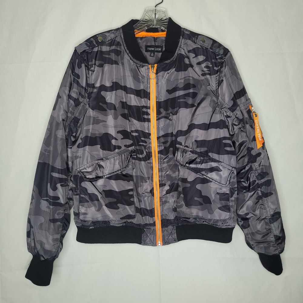 New Look Camo Bomber Jacket‎ Orange Lined Zip Up Pocket SizeL